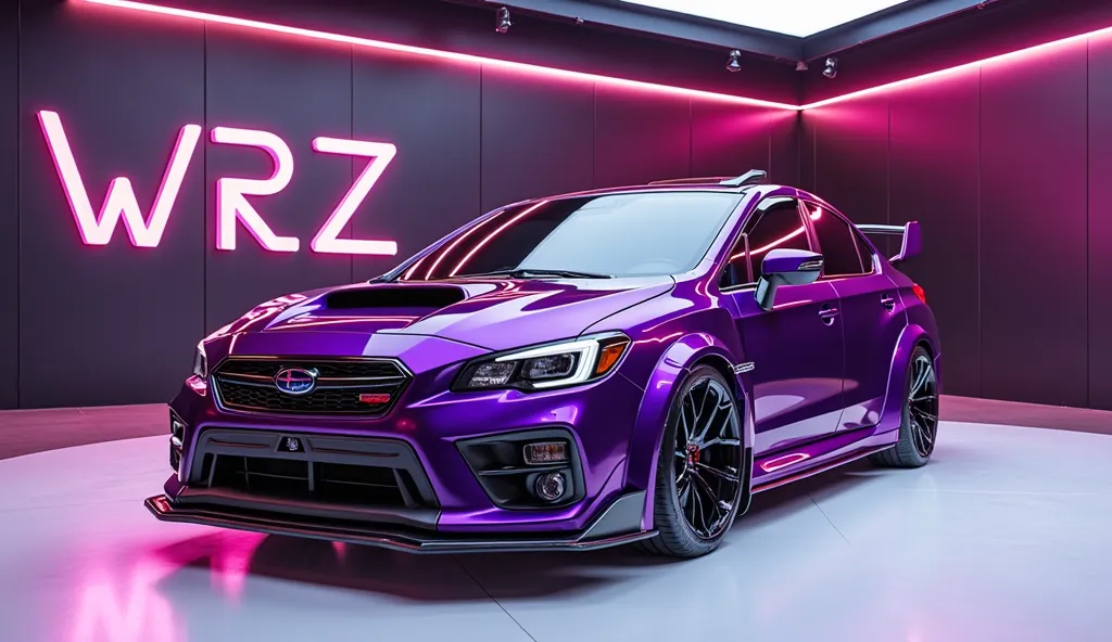 A captivating image of differents purple beautyfull colour's New Design 2025 Subaru WRX TS spec B new Futures Luxury car front and back view with left Right site at center stage in a luxurious white you showroom. The futuristic, vibrant exterior gleams, sh...