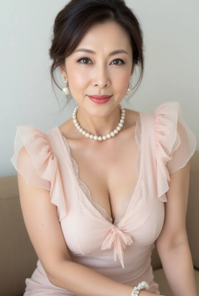 (((Sit with your knees aligned、calf、high heels:1.３)))、(((body fit pencil skirt、high heels、  black hair up 、Sitting in a good posture on the couch:1.３)))、( Excited Mature Woman , 60 years old,   Japanese,  masterpiece,  top quality,  high definition, realis...