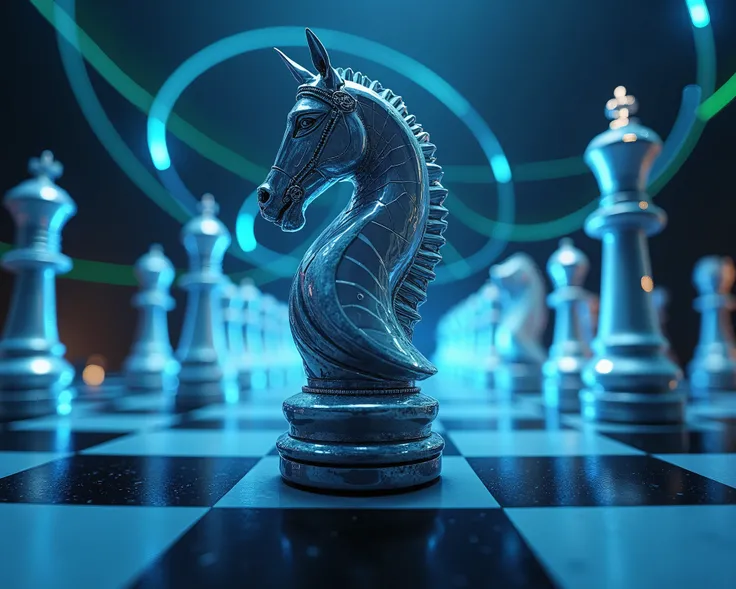 ,A chess horse, on a chess board,  is in the foreground , with other chess pieces in the background,illuminated by laser, shot from below, wide angle 15mm, fish eye effect