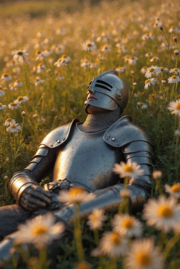 A medieval knight in full plate armor lies peacefully on a field of blooming wildflowers. The golden sunlight casts a warm glow on the reflective metal, while white and yellow daisies surround the knight, creating a serene and dreamlike atmosphere. The sce...