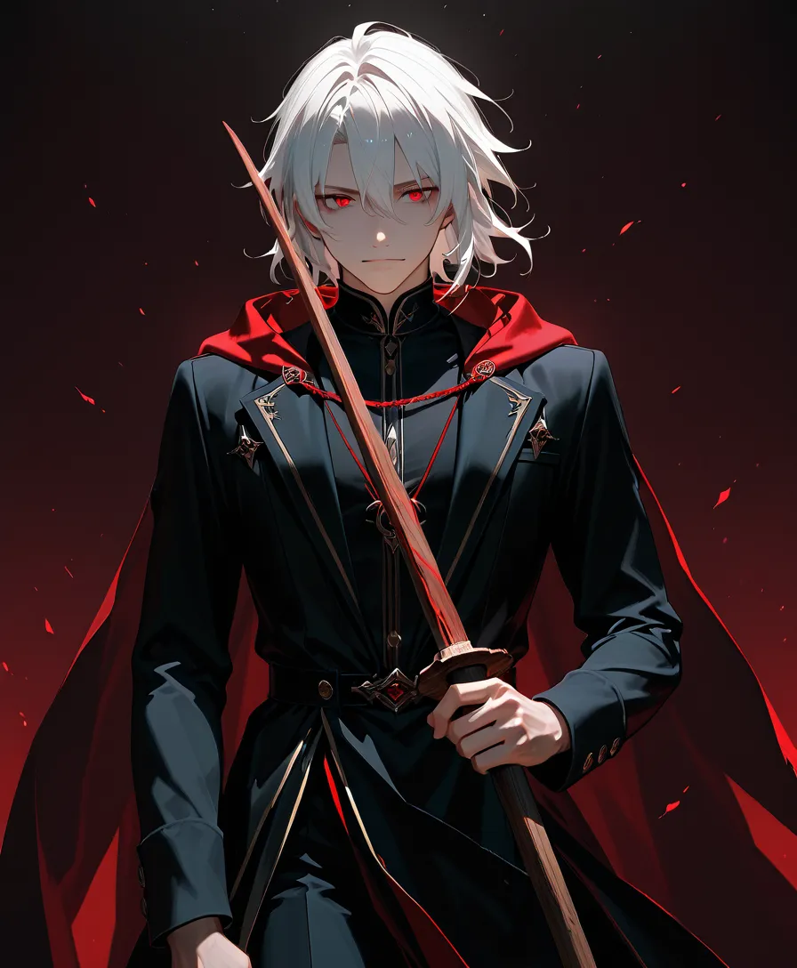 1 man with white hair, red eyes, dressed in black, holding a wooden sword in one hand.