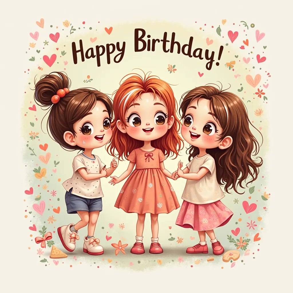 cute drawn birthday cards for a girl friend in cartoon style, three girls are drawn: a brunette with fair skin, a redhead with white strands and fair skin and a brown-haired girl with fair skin