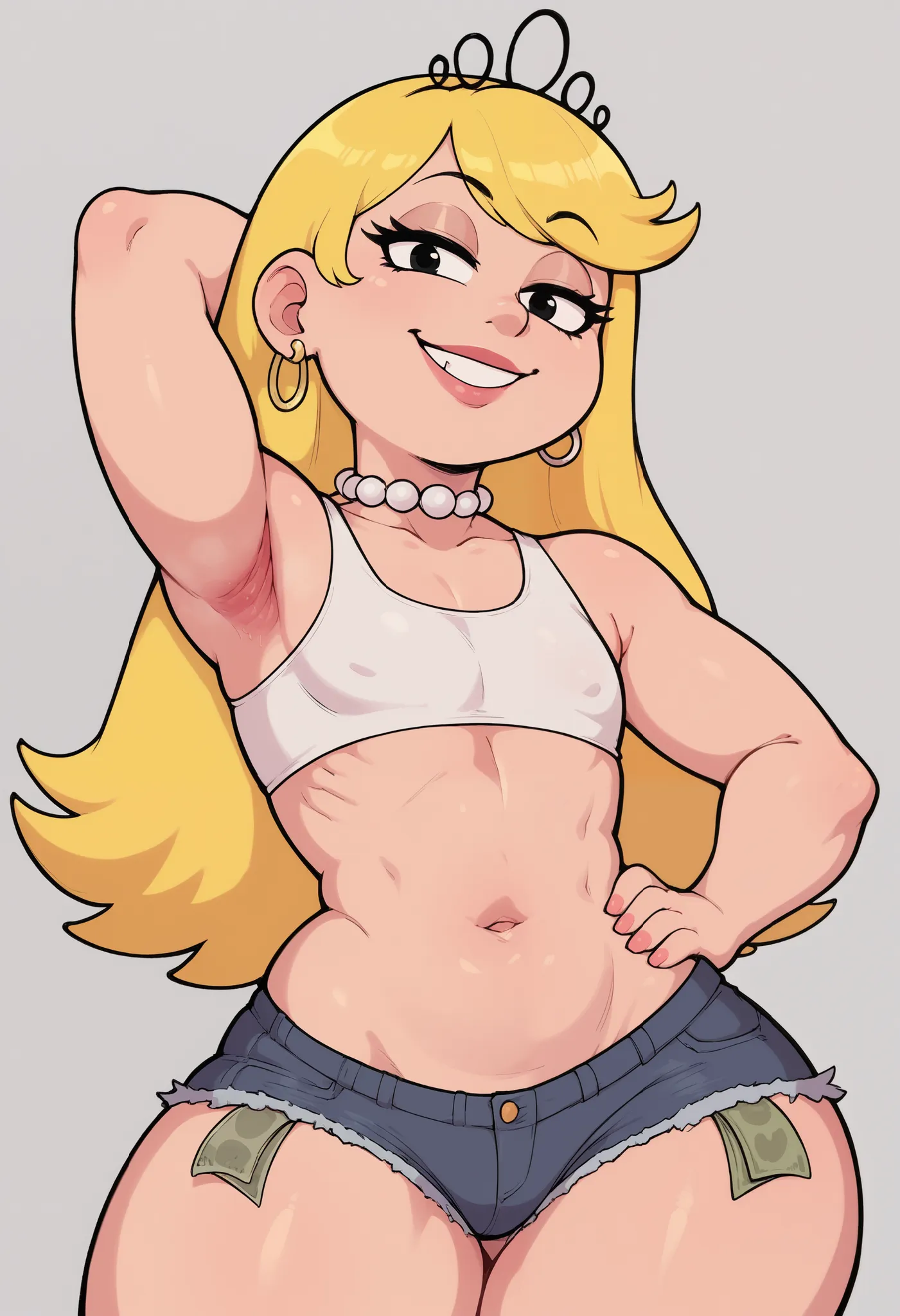  small breasts, skinny, huge hips. arm behind head, armpits, hand on hip, looking at viewer, smile, 1o1a, blonde hair, tiara, Black eyes, earrings, pearl necklace, choker. | hoop earrings, flat chest, laying on a pile of money, posing. shirt. shorts
