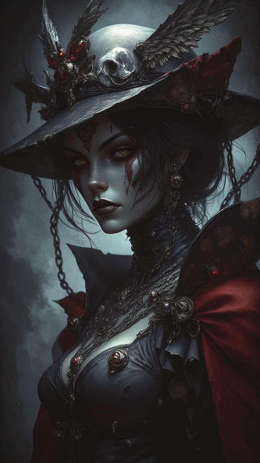 ( best quality , 8K Ultra HD, photorealistic   ,masterpiece,  accurate, masterpiece) Wearing a big hat  、 Woman with Big Body and Sword , Goddess of Death, Horror Fantasy Art,  Fantasy Horror Art , Maid, Bone Girl Skeleton Geisha, Doomsday Art,  Afro Samur...