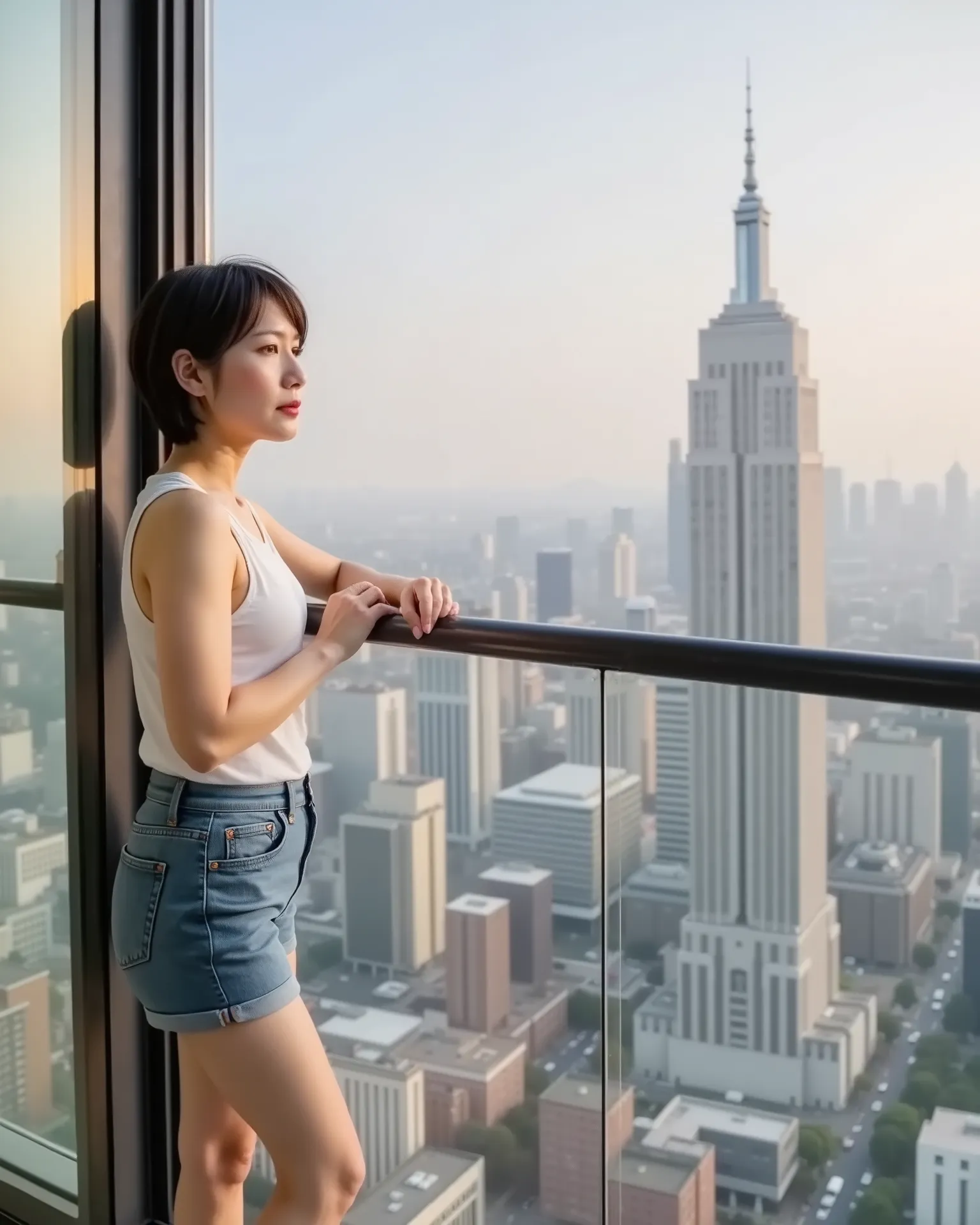 45-year-old Japanese woman、beautiful、very small breasts、 Skinny Body 、Very Short Hair、White Camisole、Short jeans fabric shorts above the knee、Tower apartment３０I'm looking at the city during the day from the balcony on the first floor