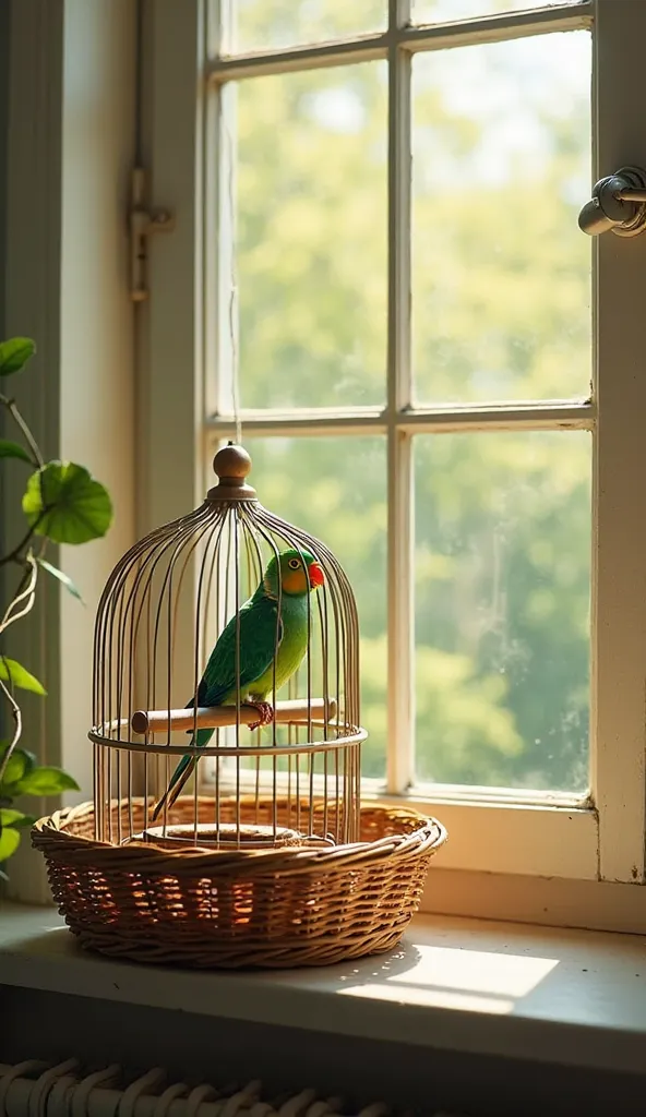 window picture
bird cage、In the basket、one parakeet
 Perched on a perch、Asahi
