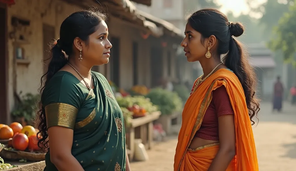 an Indian woman in a dark green saree, hairs tied in a bun is looking suspiciously at a 26 year old Indian woman in an orange saree who is looking scared and both are talking to each other standing in front of a vegetable shop on the streets of a village.