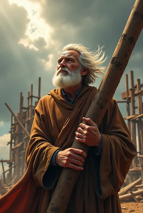 Noah, an old man with wild, flowing white hair and a thick beard, stands near the early construction of the ark. His weathered hands grip a wooden beam as he looks toward the sky with determination. Behind him, the massive wooden frame of the ark rises, pa...