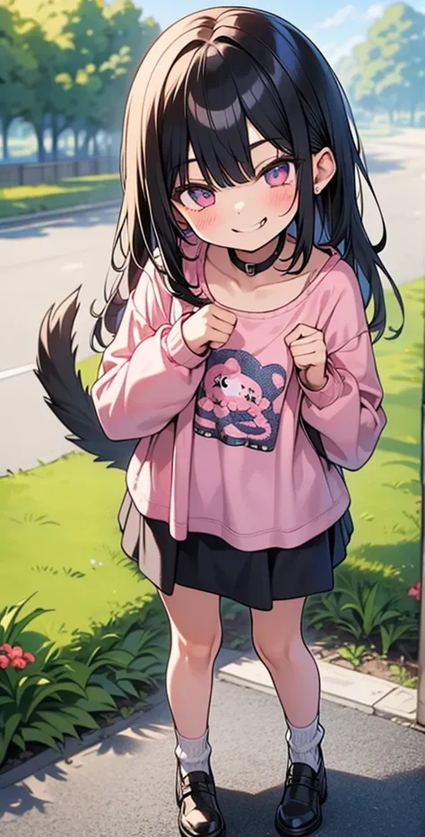 1girl,pink shirts,loose socks with neck band,,mini skirt,standing,outdoors, smirk,flat chest, smile,((( enhance ))), tail