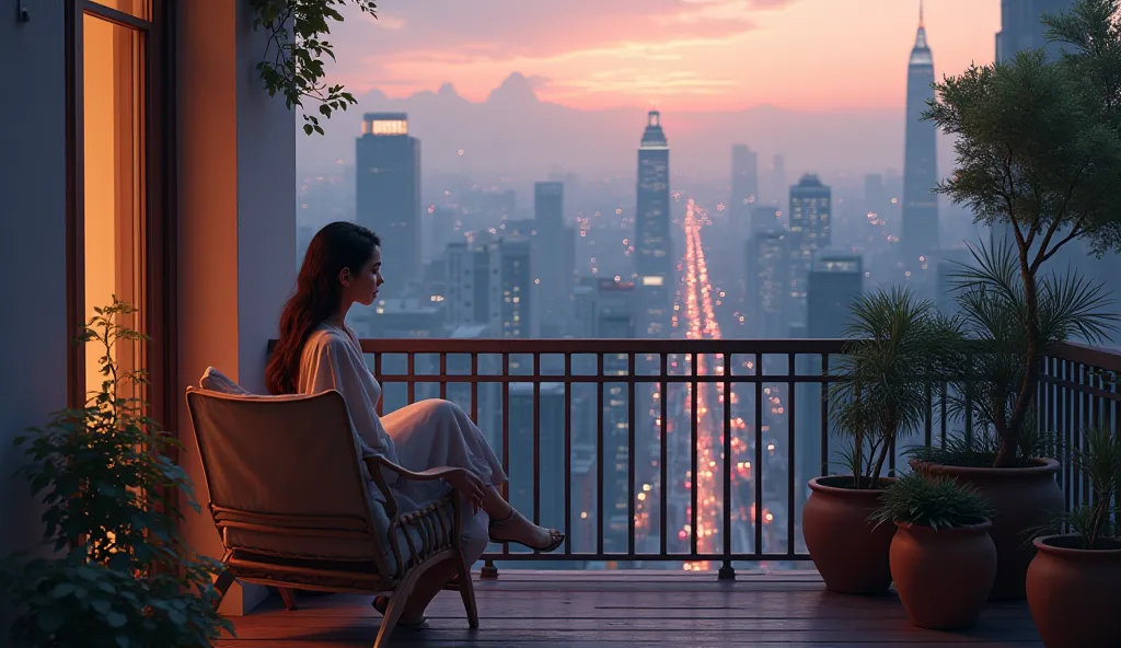 A woman sitting on the balcony of her house watching the view of the city