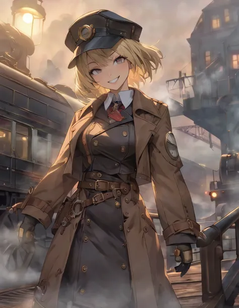 ((masterpiece, best quality, extremely detailed, absurdres)),steampunk illustrations,station platform,foggy,dawn,daybreak sky,big black locomotive background,1girl,dutch angle,gentle smile,teeth,newsboy cap,blonde hair,short hair,tattered torn clork,trench...