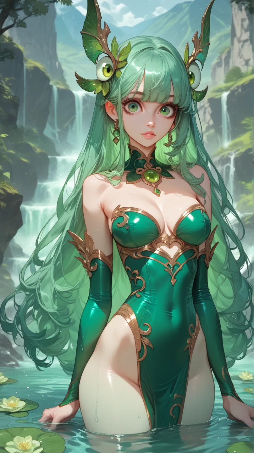 Costume, long hair, girl, big eyes, green mountains and green water,