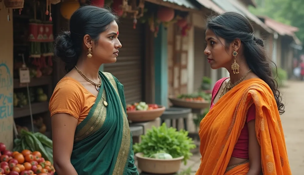 a 40 year old  Indian woman in a dark green saree, hairs tied in a bun is looking suspiciously at a 26 year old Indian woman in an orange saree who is looking scared and both are talking to each other standing in front of a vegetable shop on the streets of...