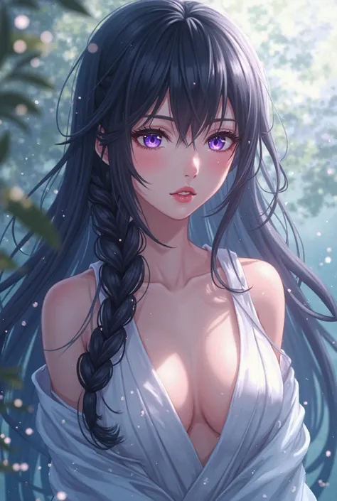 TsubakiMiyajima,1girl,black hair,single braid,forehead,purple eyes, large breasts,