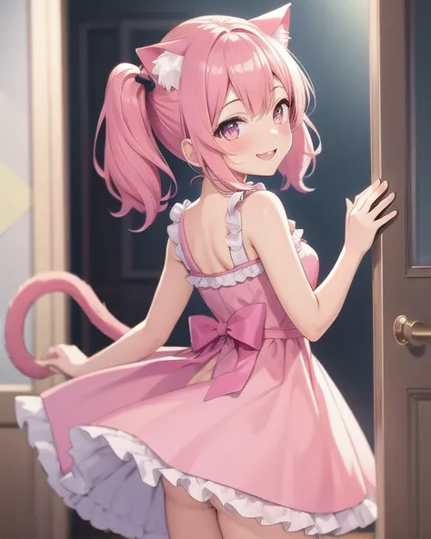 Best quality, high resolution, details, beautiful image quality, one girl, cute frilly dress, pink dress, pink hair, cat ears, long twin tails, lolicon feeling, smiling face, pose turning around, pink room, from behind