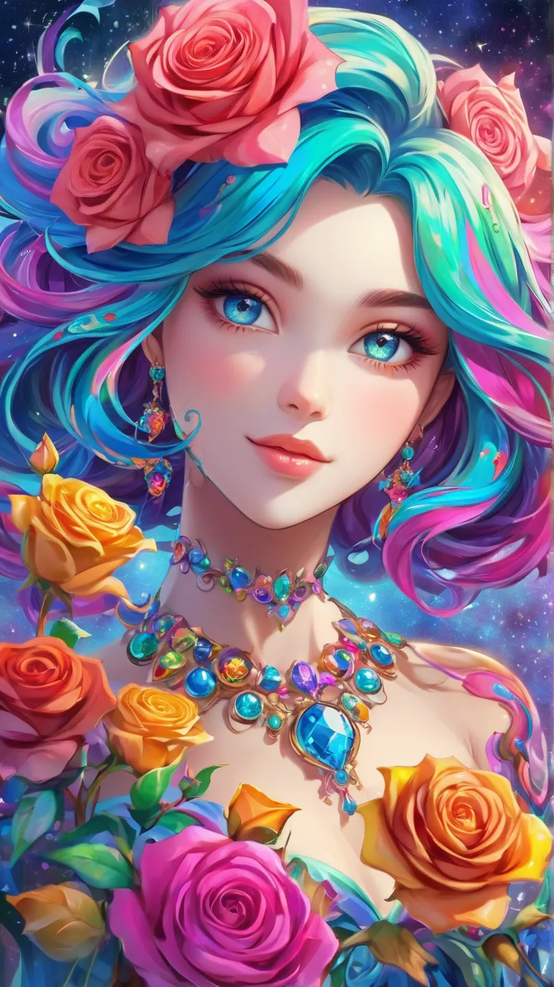 Close-up of a woman with colorful hair and necklace, Girl with Cosmic Hair Color, The gentle vitality of rose roses, Goobes-inspired artwork, fantasy art style, colorful], Vivid Fantasy Style, vibrant Ross Draws style cartoon, cosmic and colorful, Gwaiz, c...