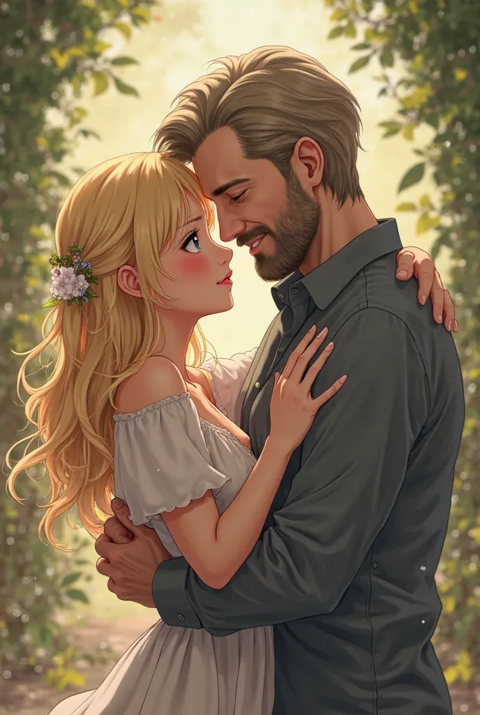 blonde anime girl hugging man with a small beard