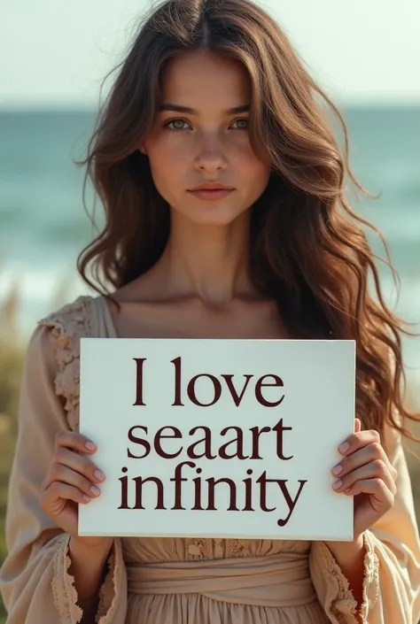 Beautiful girl with wavy long hair, bohemian dress, holding a white board with text "I Love Seaart Infinity" and showing it to the viewer