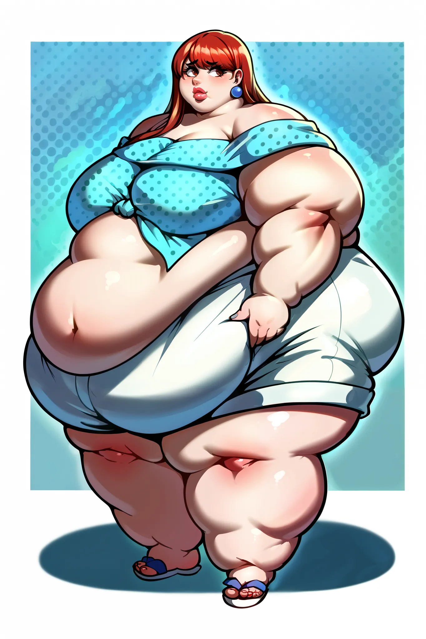 casSumi, long hair, polka dot shirt, off shoulder, white shorts, sandals, milf, mature, standing, giant hands, giant feet, fat, chubby, obese, gigantic arms and legs, gigantic breasts, sagging breasts, full body shot,  fat face, chubby face, double chins, ...