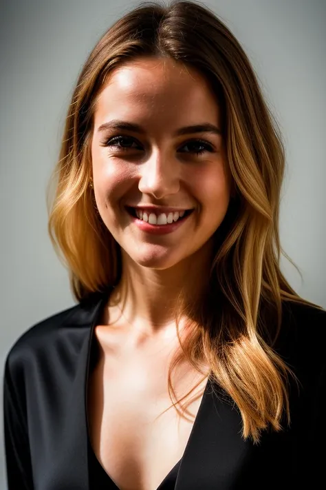 photo RAW, portrait photo of a beautiful 26 year old.oh woman, pretty face, Half-blond hair wearing a black dress,  happy face,  hard shadows,  kinematic shot , dramatic lighting