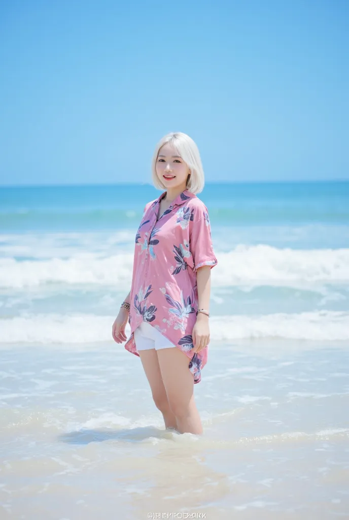 Pink Long Pink Sealed Asian Women & white   hair,, standing in shallow sea water, Wear a Hawaiian dress, dark purple, white shorts , bright sunlight,  clear blue sky , Watermark, , slim figure, , small breasts, smile, Watermark in the bottom center,  high ...