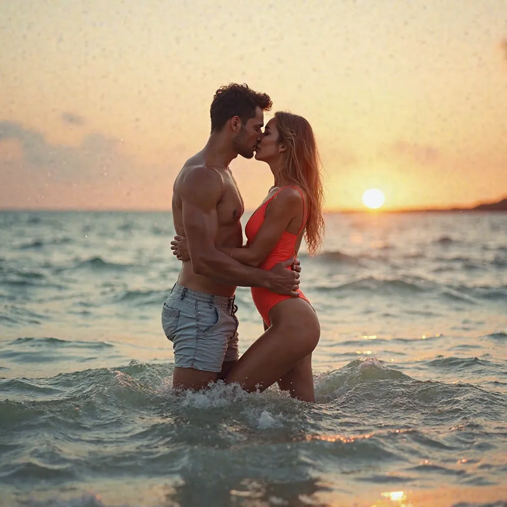 Photorealism.Portrait photo..Full length view.The  beautyA girl in a beautiful two-piece bright swimsuit  beauty.She is passionately kissing a guy. The guy is wearing shorts..Big waves. Open ocean..Girl in waist-deep water. Maldives. Open sea. Bright early...