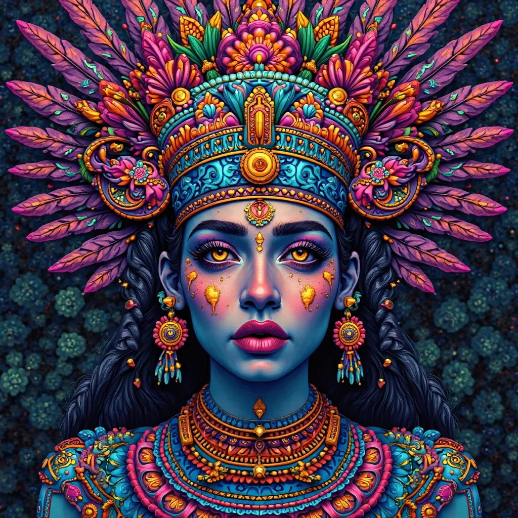 (((  Vucub Caquix  ))) best quality, Ultra-High Resolution, 4K detailed CG, masterpiece,  Vucub Caquix , Mayan outfit , Mayan mythology, Mexico, Aztec aesthetics, ((Leo God)),  pretty image , centered on the canvas A woman's face in cubist art nft woodcut ...