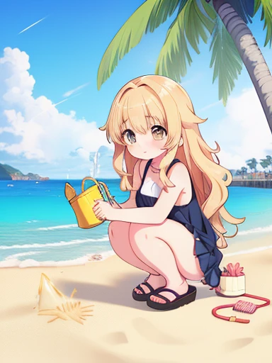 anime girl squatting on beach, SFW, detailed facial features, cute expression, long wavy hair, holding a watering can, waves crashing in background, sandy beach, palm trees swaying, warm golden hour lighting, highly detailed, photorealistic, 8K, profession...