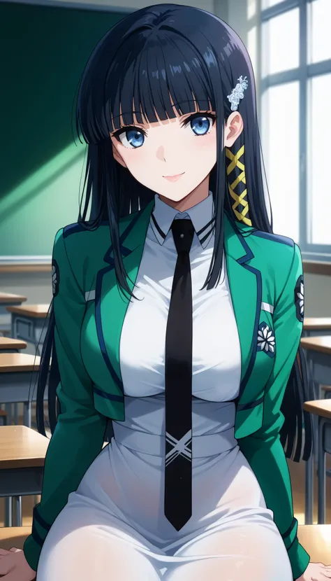 score_9, score_8_up , score_7_up , source_anime,4K, perfect fingers,(perfect hands, perfect anatomy),(Aesthetic Anime Eyes:1.3),(feature large highlight:1.4),classroom,Alone,22 years old,adult woman,
miyukishiba, Miyuki Shiba, long hair, blue eyes, black h...
