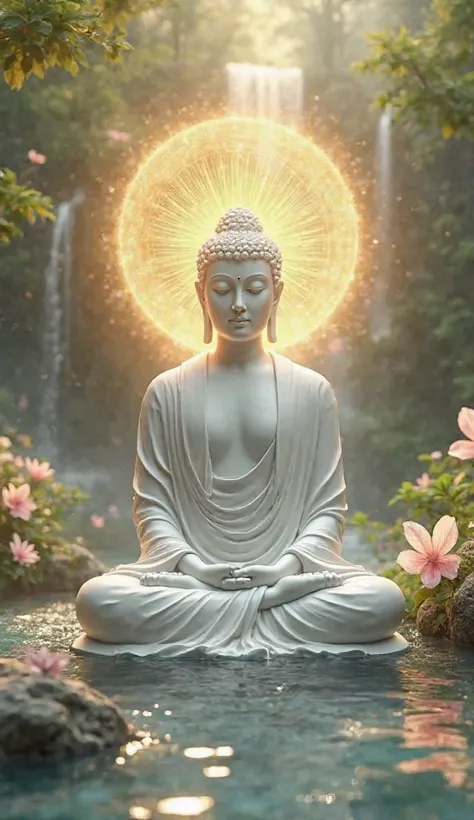 White Buddha figure, calm meditation, streams of water, flowers radiating a beautiful golden halo