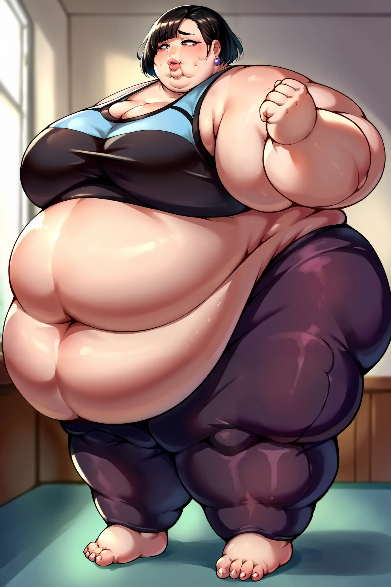 score_9, score_8_up, score_7_up, source_anime BREAK 1girl, solo,   hiraguchip5, short hair, black hair, sports bra, yoga pants, midriff, standing, giant hands, giant feet, fat, chubby, obese, gigantic arms and legs, gigantic breasts, sagging breasts, full ...