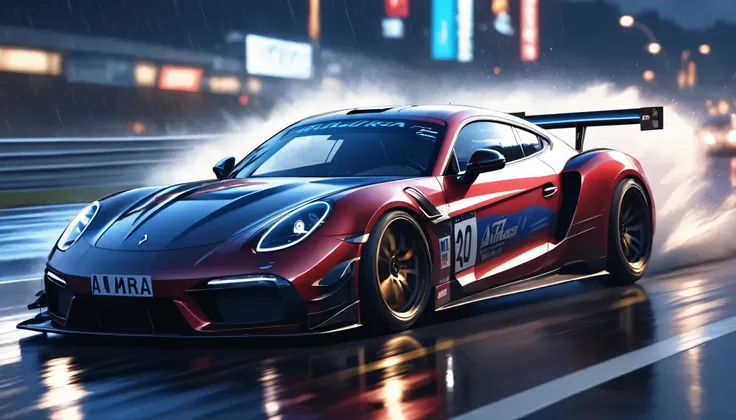 Racing car driven by a professional female racer \character "Atlas"\ A racing car driven by,
rainy highway racing battle, Night Racing on a Rainy Highwaya high-speed car racing on a rainy highway at night,
detailed sports car, dynamic motion blur, dramat...