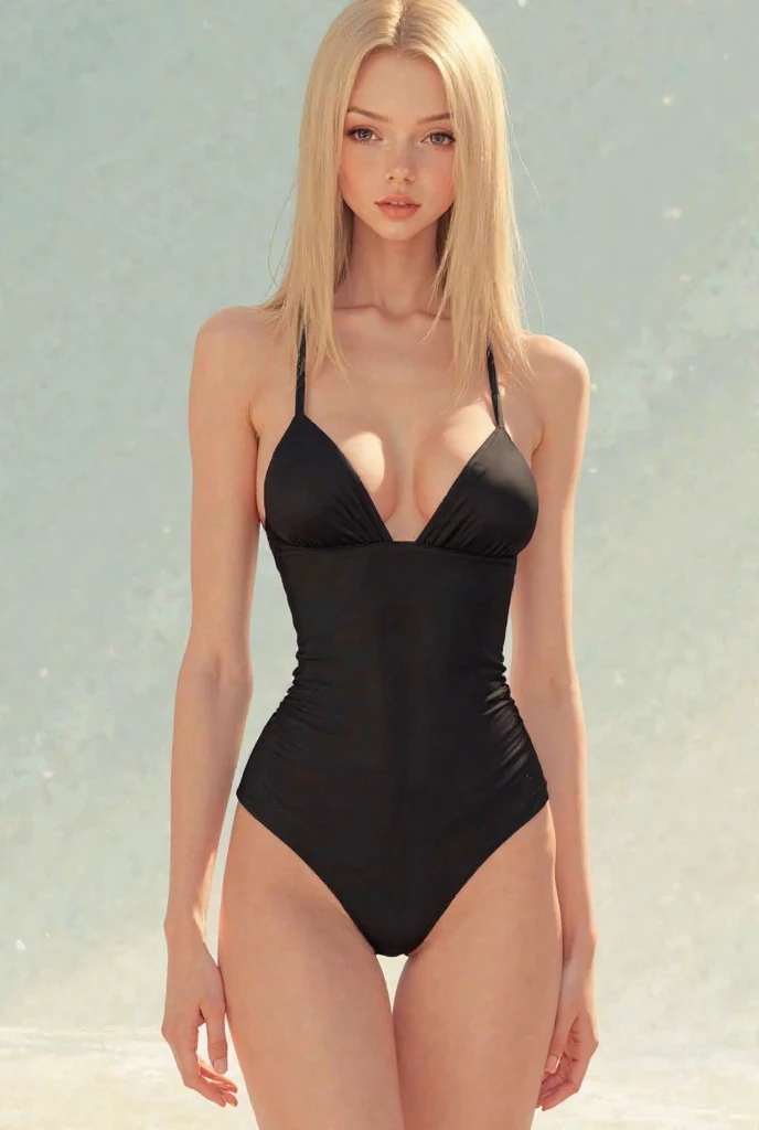 A short blonde in a black swimsuit is not tall with long straight hair 