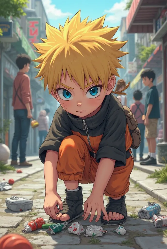 Naruto baby picking up garbage on the street