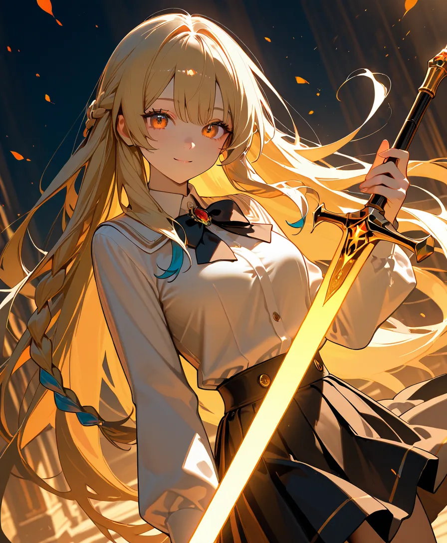 1 female, very long hair, braided, dark blonde hair with blue highlights, orange eyes, beautiful face, cute, wearing a white Academian school uniform, holding a holy light sword.