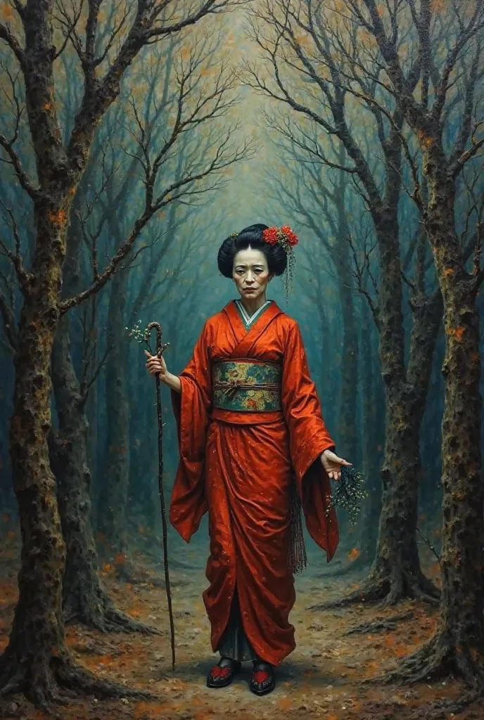 An old geisha, her face a wrinkled map of time, her eyes holding a hidden secret. Her worn kimono, a cloth that holds the whispers of the past. She walks in a haunted forest, every step is like stepping on memories. Old trees, silent witnesses to her solit...