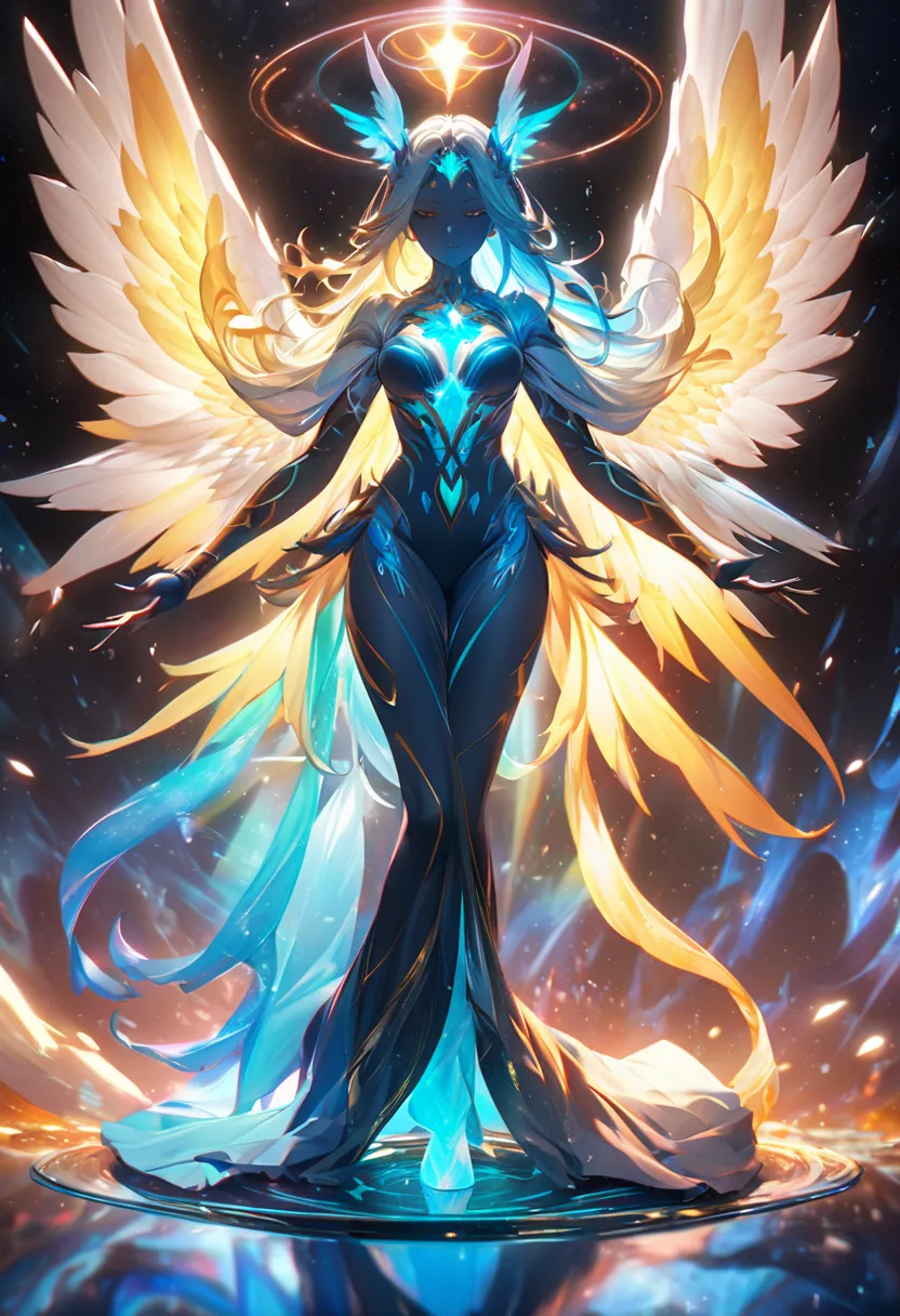 Create an image of a powerful celestial being with a divine, winged humanoid form. The body should seamlessly blend vibrant shades of blue, green, and yellow, resembling the mesmerizing flow of Lava Lamp motion, with a glowing, ethereal quality. The wings ...