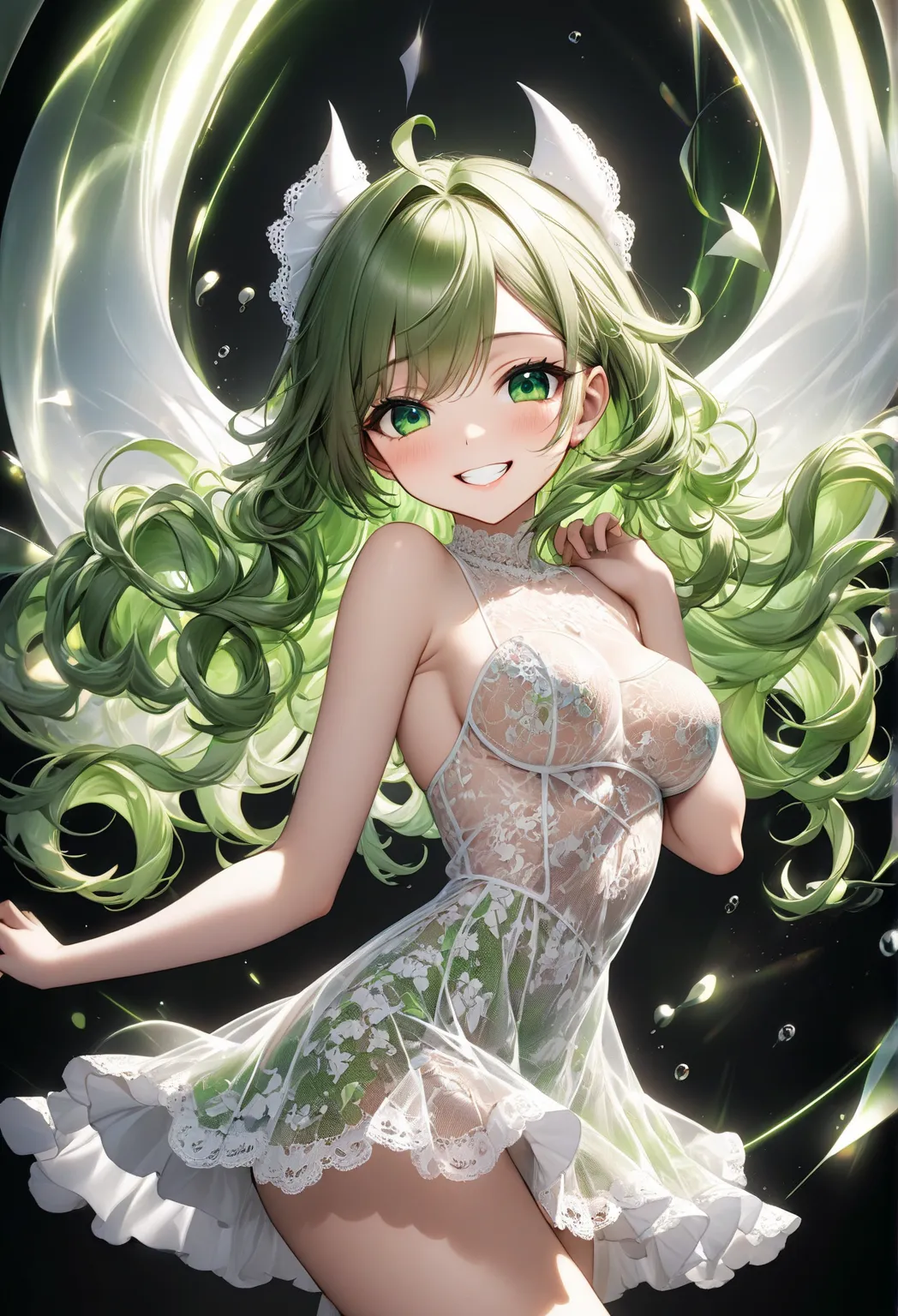 chibi character, cute beauty, glossy silky drill hair, elegance, dignity, seductive, sexy, perky breasts, attractive, cute, sexy, devilish grin, captivating green eyes, , curvaceous, wearing lacey white see through dress, like a French doll, various effect...