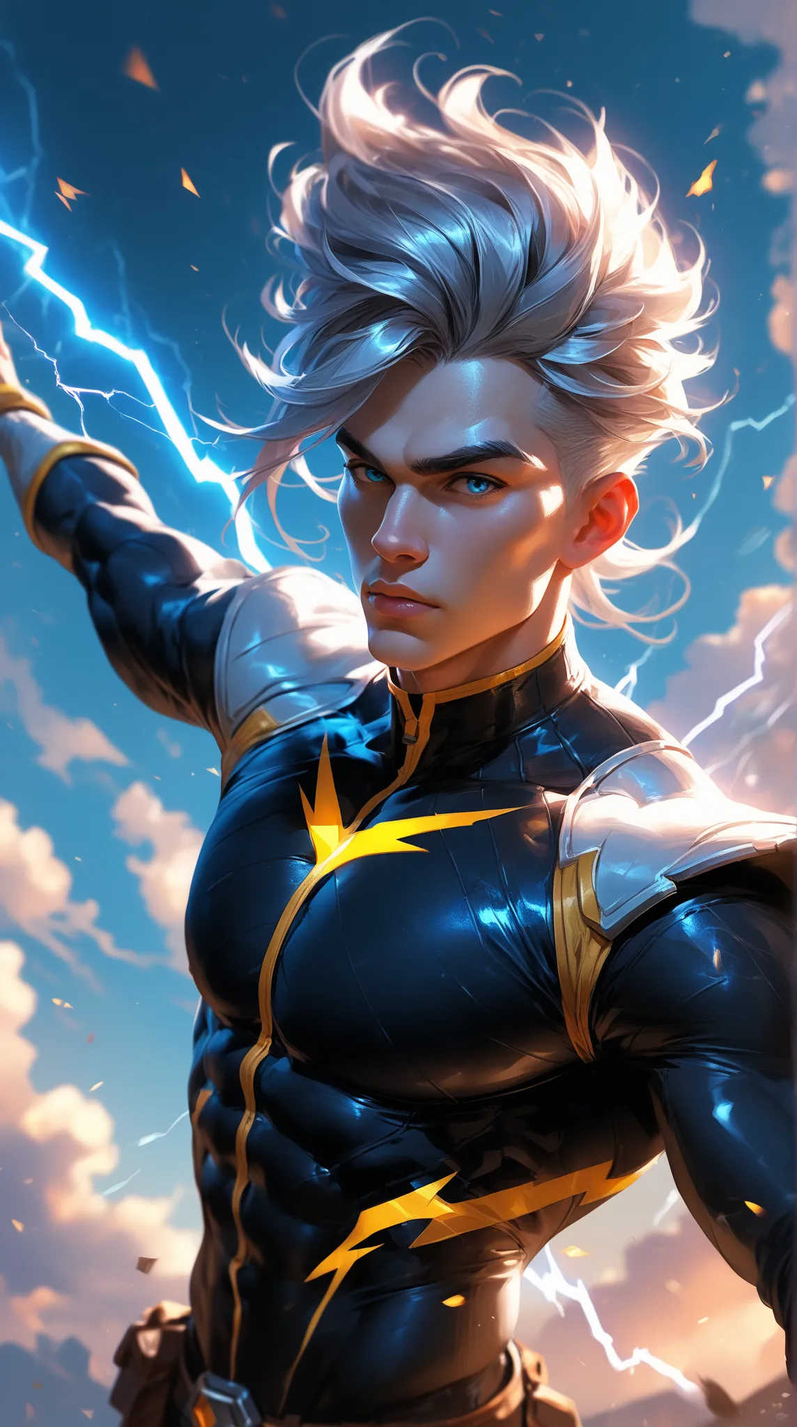 Eidor from Mobile Legends, dressed in a tight bodysuit with futuristic details, radiating.  Her pose is dynamic , arms stretched forward, ., powerful lightning bolts burst out of his palms. Silver Hair flutters under the influence of energy, Eyes glow with...