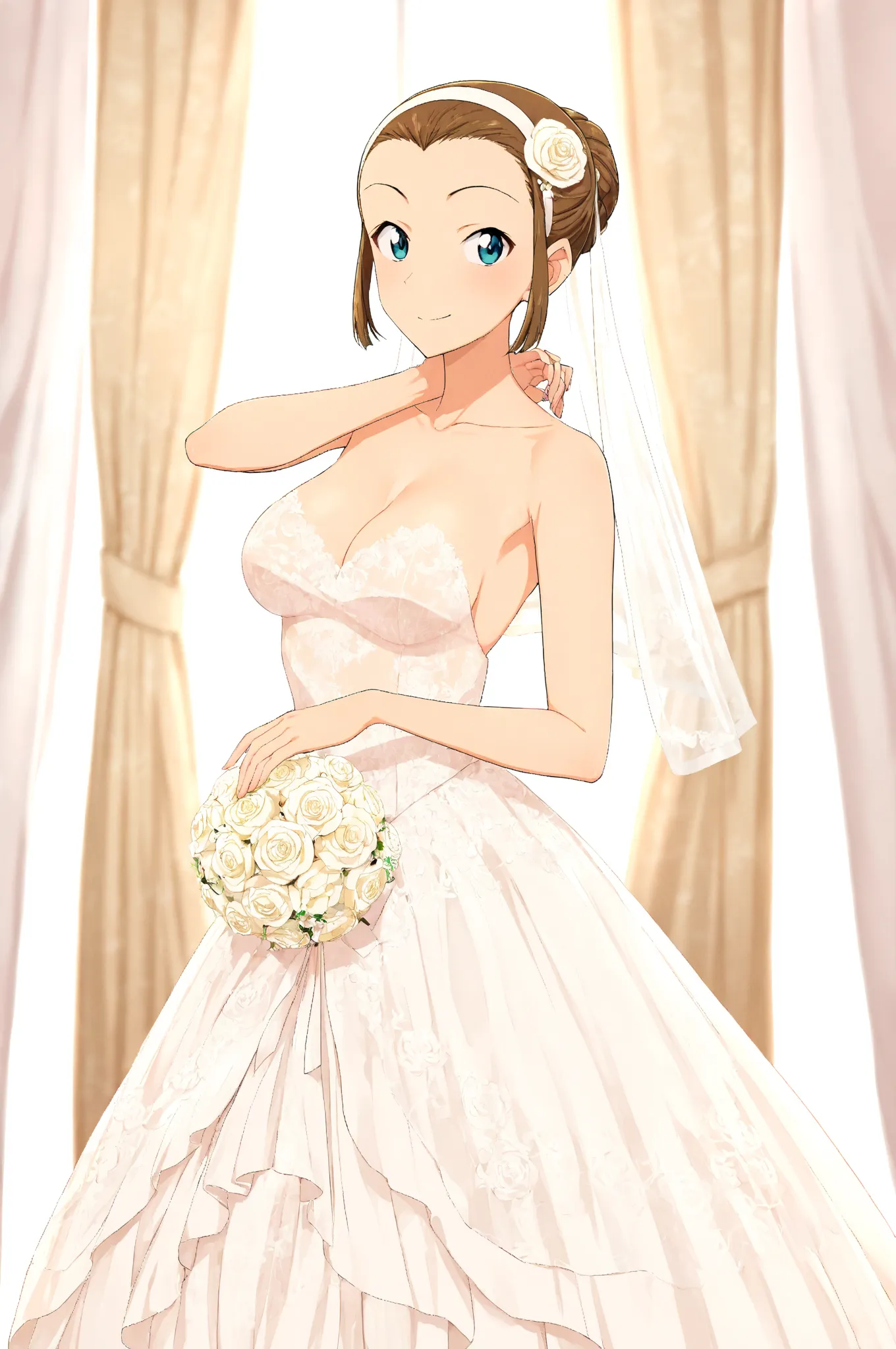 masterpiece,best quality,{{detailed beautiful face and eyes}}, very detailed background,
Suzuki Sonoko,short hair,brown hair,forhead,hairband,light blue eyes,medium breasts,
solo,1woman,hairstyle: (wedding bun:1.2)
Outfit: (wedding dress,intricate dress, b...