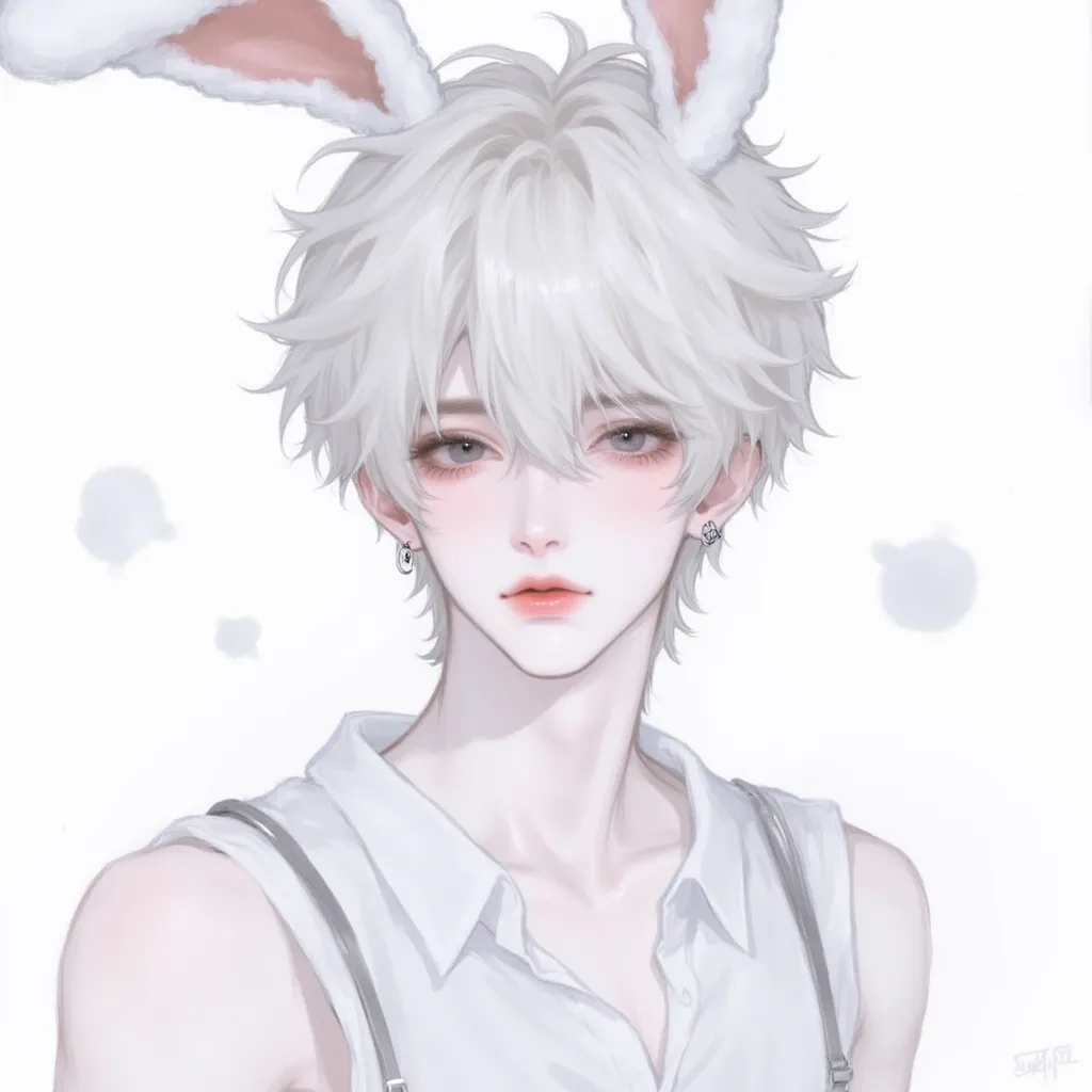 anime boy, Kpop Holiday  ,หมุ่ castingน่ารัก 、  casting、good、 hair, male, 20 years old, white, black eyes,   White hair, rabbit ears, and a white shirt, looking straight at us. , a 2:3 ,  This is 6 , p spr1pcg fz5yng7 xz2sn6f ,   Raw Style   , Refurbished ...