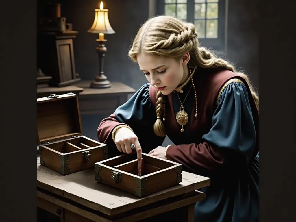  Beautiful Woman Pictures  , Whimsical Fantasy  ,Full dress、blonde、braided hairstyles、Denmark、1730s、
high quality、 cinematography、HDR、top quality、pretty girl、Father's Letter in a Box、tears