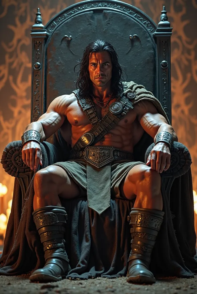 "Conan the stately Barbarian seated on a dark throne, wearing his traditional outfit from the 1982 movie. Yours is Arnold's. 
Schwarzenegger.   The environment is dark , illuminated only by torches or candles in the background, creating an epic medieval at...