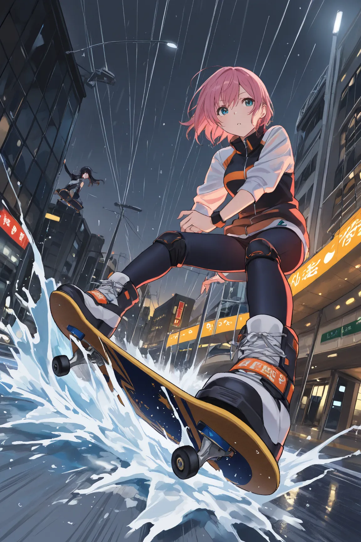 (masterpiece , best quality:1.2) , Over the Tokyo Highway、A magical skateboard that flies through the sky、Hot skateboarding battle between two girls、 Rainy Tokyo (Highway),splashes 、Water Drop:1.5, speed lines,super cool image,background blur,lighting,