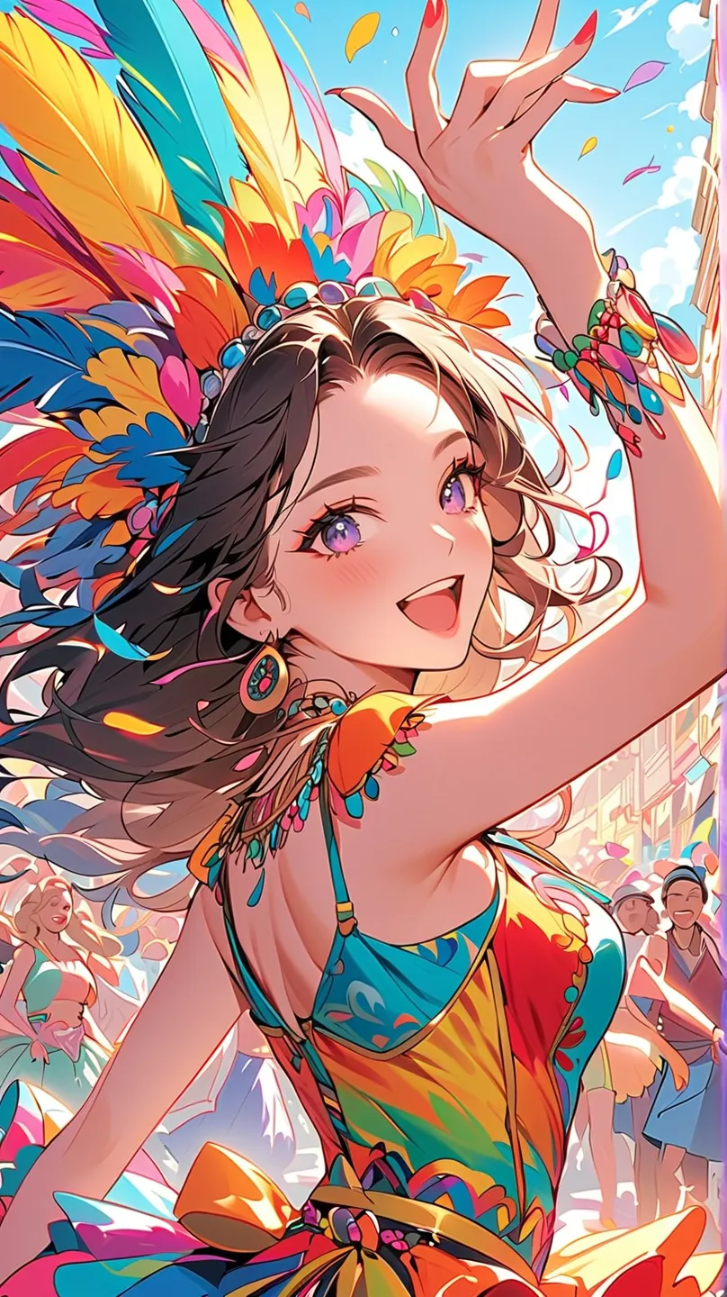 Beautiful illustration, close-up of a woman's upper body. A wild carnival: In a colorful parade, the protagonist dances and blends in with the crowd. Colorful costumes and feathers flutter about, and enthusiastic Latin rhythms ring out.