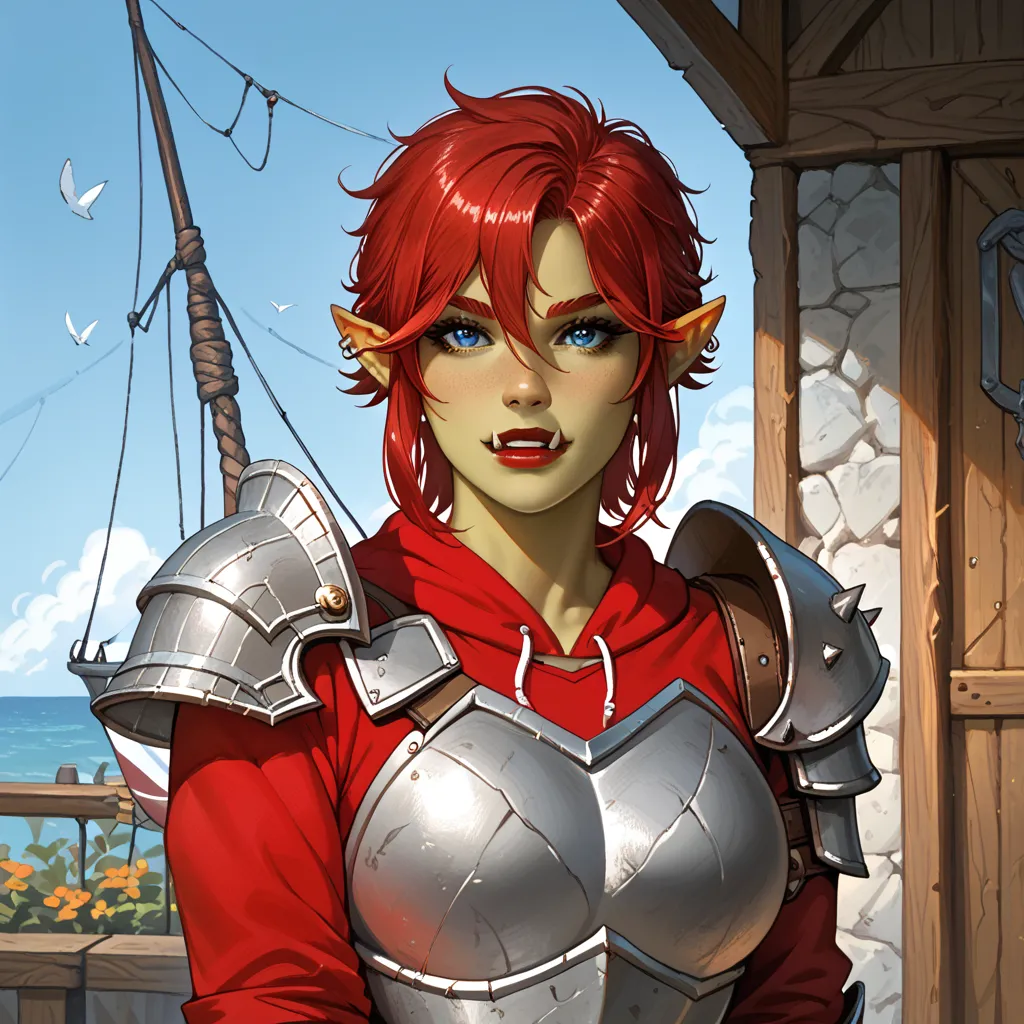 Score_9, looking at the screen, adult woman, ( just a woman: 1,5), (Female orc : 1,5),  dark green skin , two ears, pointy ears, no jewelry, ( pretty woman: 1,5),  red hair, Short hair with just a braid, Red Eyebrows, almond-eyed, blue eyes, red lips, (Jus...