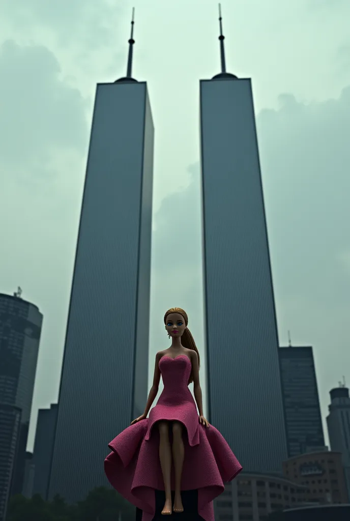 Sad Barbie is sitting above the twin towers of New York