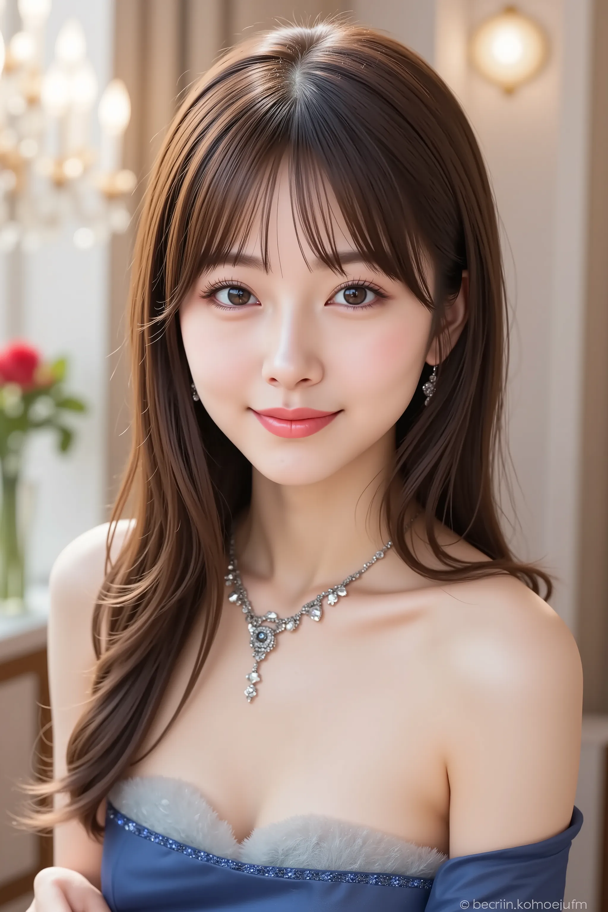 face positioned accurately in the center of the image, Upper chest, head is fully reflected with tight tension, face is clearly visible as a full body shot, blue strapless dress with jewels, gorgeous backdrop with chandelier and lavish jewelry, tiara、  nec...