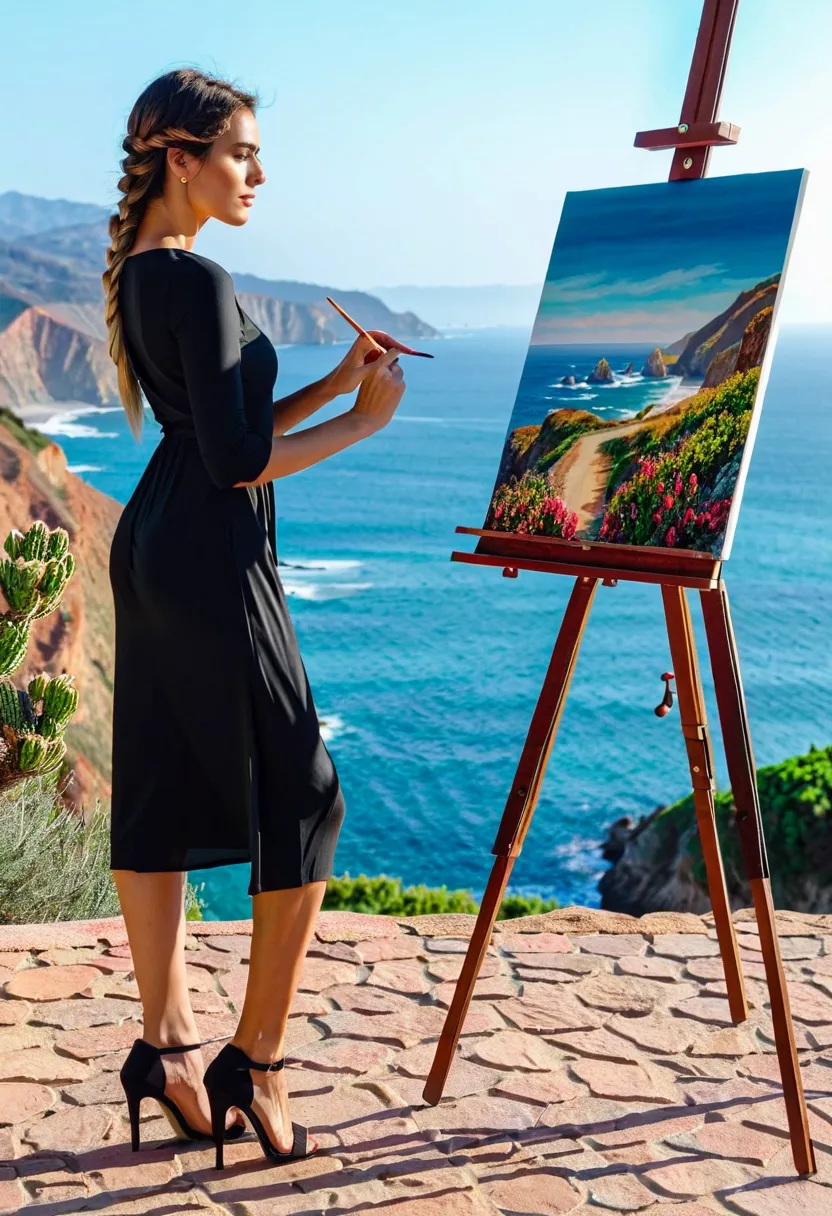   The same model in the photo is standing on the right in front of an easel and drawing,  beautiful sea landscape on the left, in the background California-style plant landscape.  The girl is beautifully slim dressed in a knee-length black v-neck dress, sh...