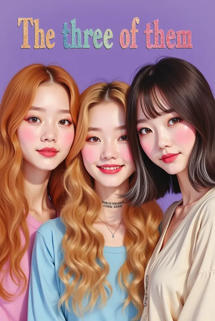  An artsy aesthetic Korean drawing of 3 female pop artists, the first , has wavy long strawberry blond hair, and fairy-like makeup, the second is on the left side she is a female pop artist with styled and dyed blond hair, makeup, smiling,she has a small r...